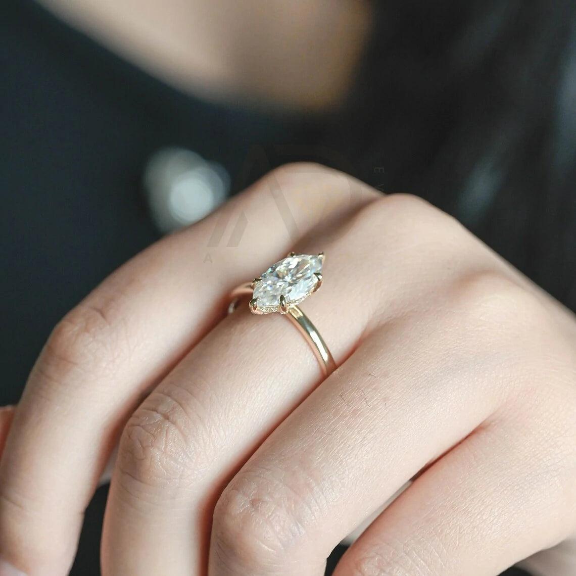 Hidden-halo/prong halo marquise moissanite engagement ring, Real solid gold solitaire marquise ring, Wedding ring for women, Anniversary gifts for wife, Marquise moissanite ring, Hidden-halo engagement ring, Prong halo moissanite ring, Solitaire wedding band, Solid gold anniversary ring, Women's jewelry, Marquise cut moissanite, Anniversary jewelry, Hidden-halo wedding ring, Real gold engagement ring, Marquise solitaire ring