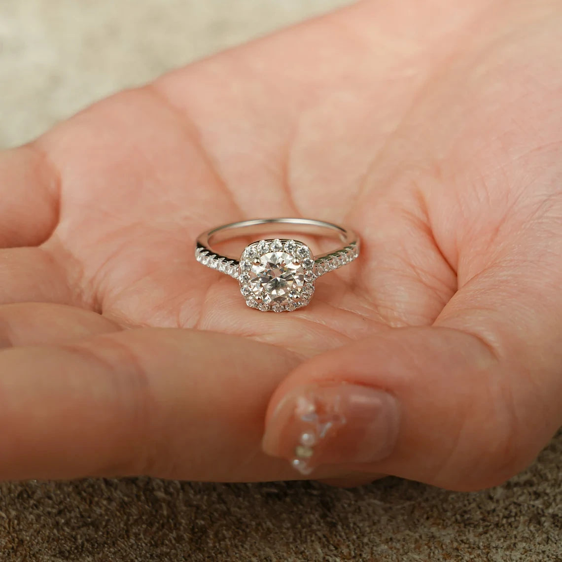 Gold Halo Engagement Ring | Moissanite Cushion Cut | Luxury Look