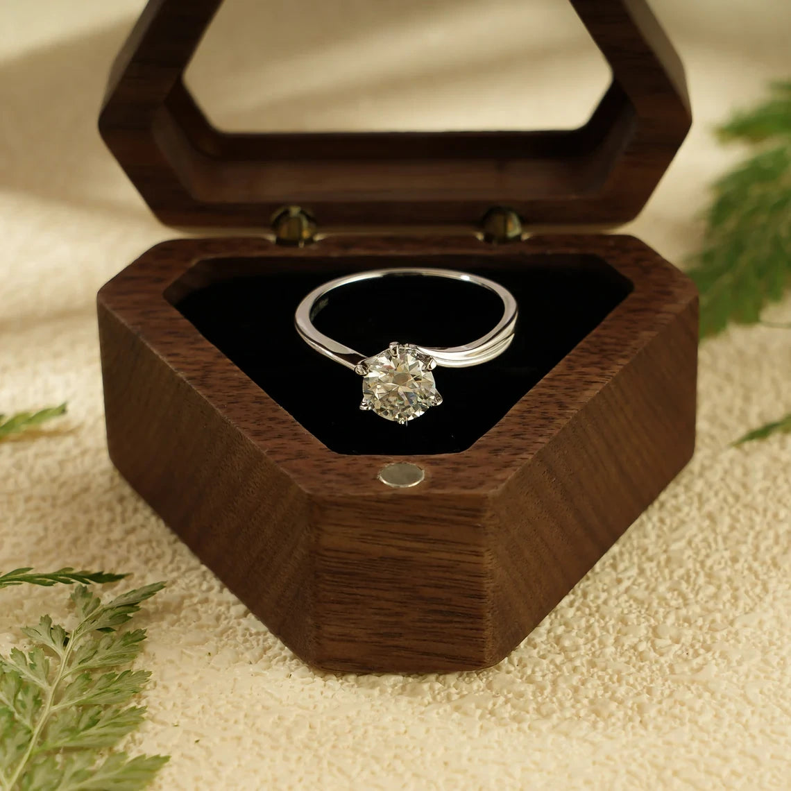Unique Moissanite Engagement | Minimalist Solid Gold Band | Handmade Gift for Her