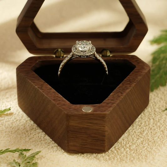 Round Cut Moissanite Ring | Solid Gold Halo Band | Elegant Gift for Her