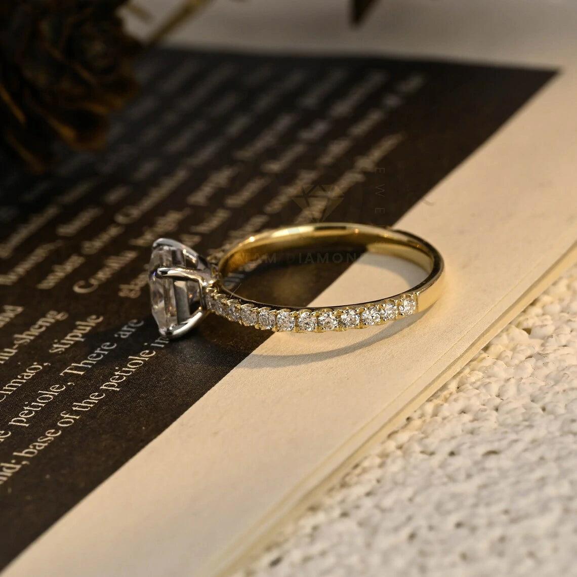 Two Tone Princess Cut Moissanite Engagement Ring, 10K/14K/18K Solid Gold Vintage Style Promise Ring Half Paved Ring for Her, Anniversary Gift