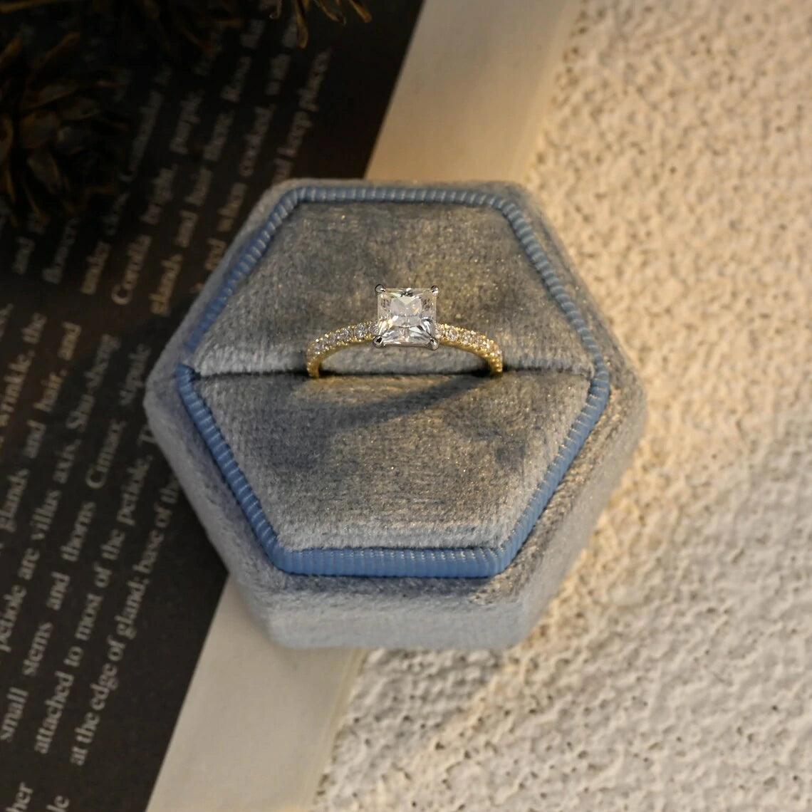 Two Tone Princess Cut Moissanite Engagement Ring, 10K/14K/18K Solid Gold Vintage Style Promise Ring Half Paved Ring for Her, Anniversary Gift