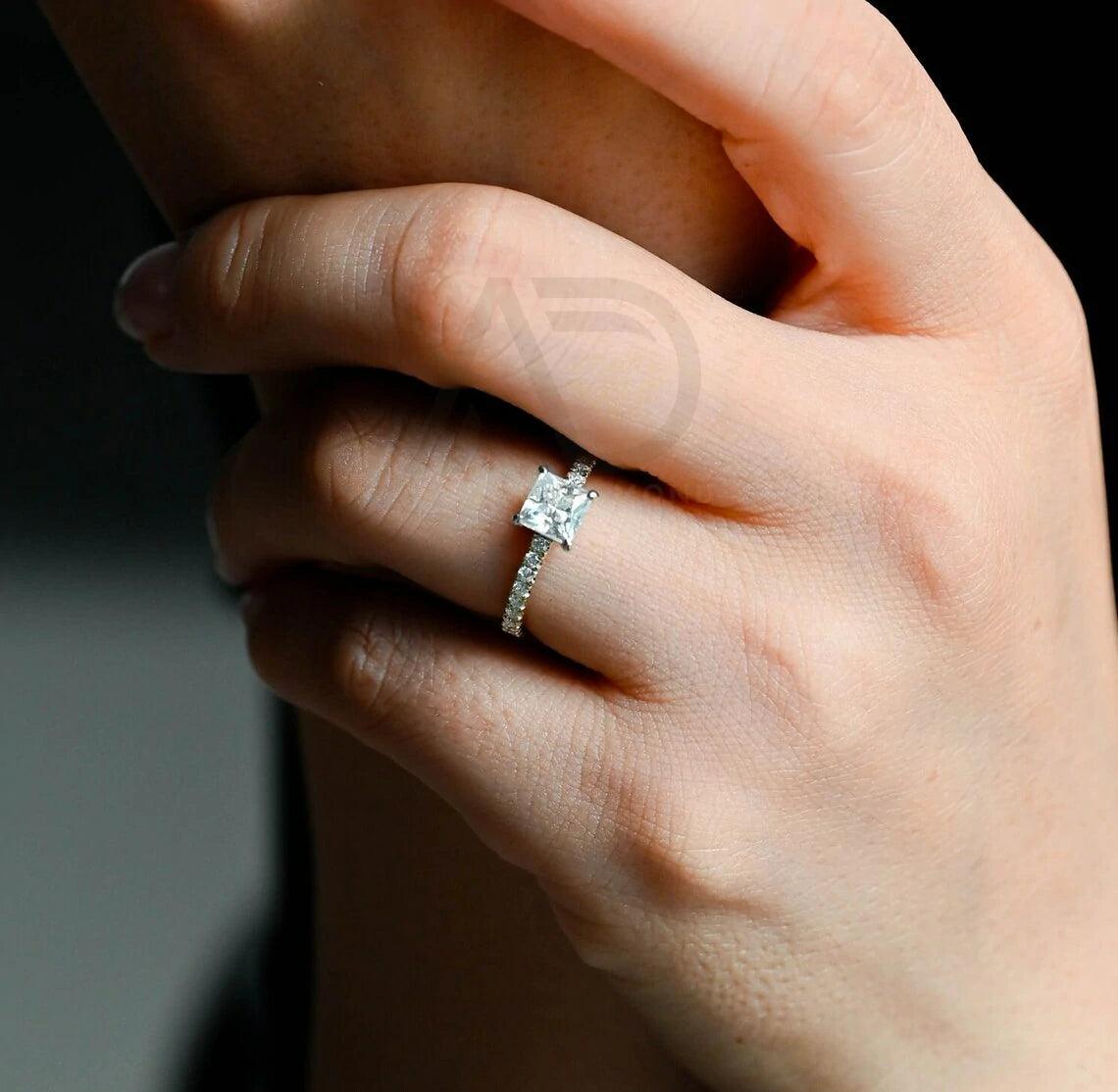 Two Tone Princess Cut Moissanite Engagement Ring, 10K/14K/18K Solid Gold Vintage Style Promise Ring Half Paved Ring for Her, Anniversary Gift