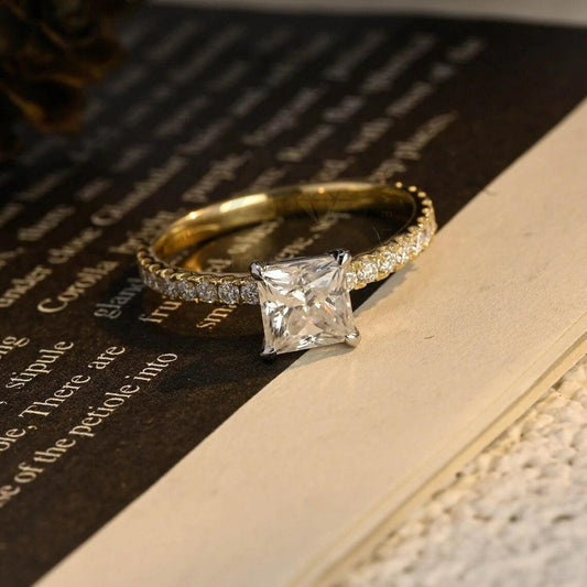 Two Tone Princess Cut Moissanite Engagement Ring, 10K/14K/18K Solid Gold Vintage Style Promise Ring Half Paved Ring for Her, Anniversary Gift