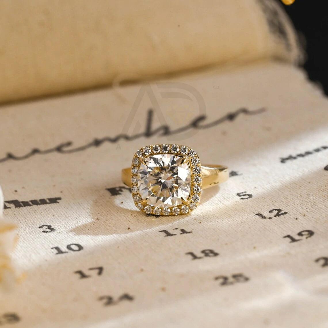 Vintage Cushion Cut Classic Moissanite Engagement Ring. This ring features a stunning 3.5CT cushion cut moissanite diamond. Perfect for weddings or anniversaries. Shop now!