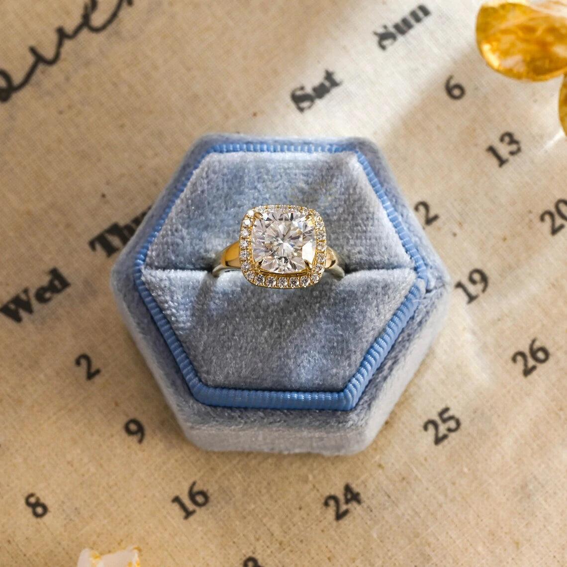 Vintage Cushion Cut Classic Moissanite Engagement Ring. This ring features a stunning 3.5CT cushion cut moissanite diamond. Perfect for weddings or anniversaries. Shop now!