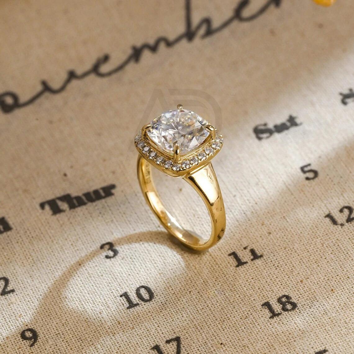 Vintage Cushion Cut Classic Moissanite Engagement Ring. This ring features a stunning 3.5CT cushion cut moissanite diamond. Perfect for weddings or anniversaries. Shop now!