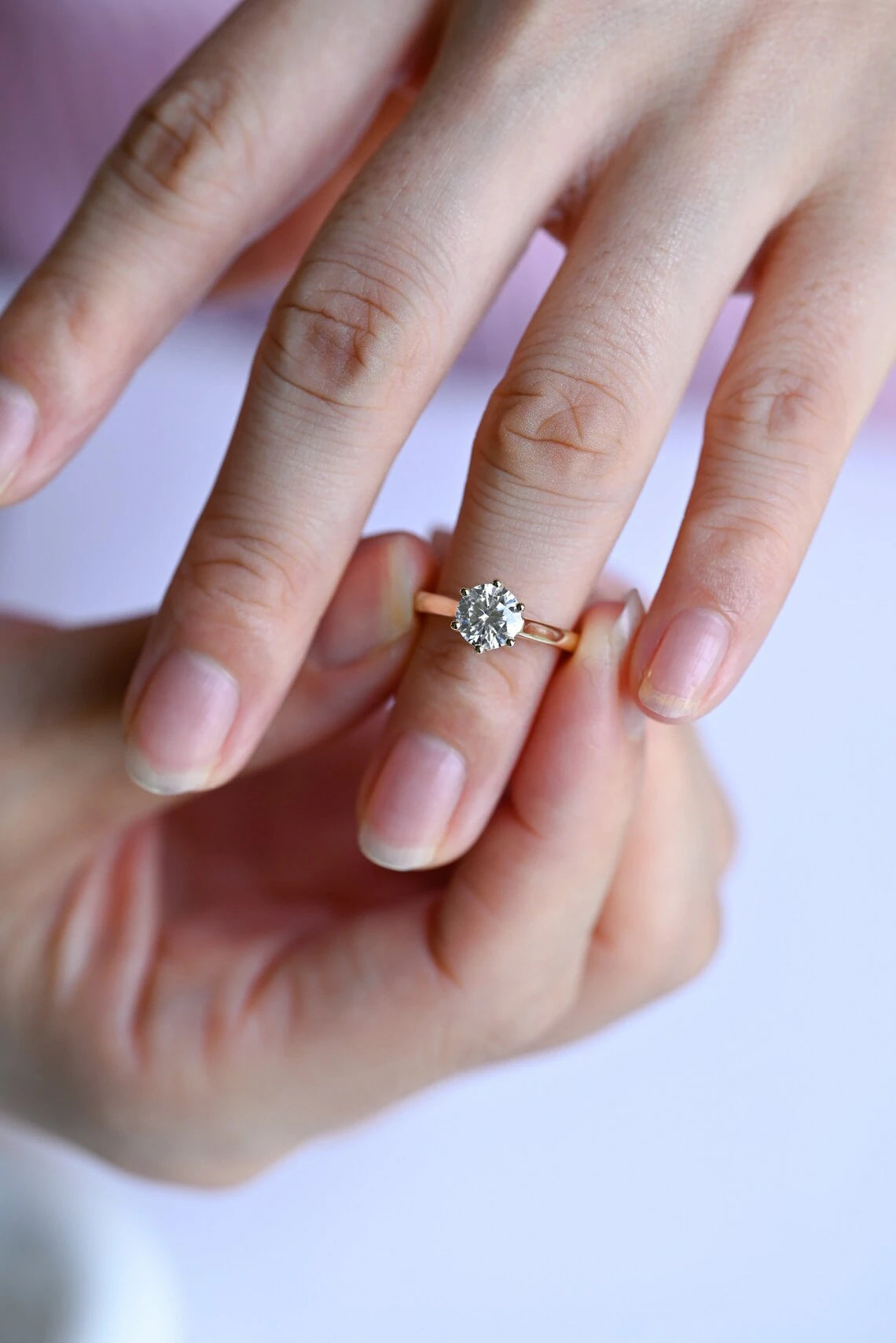 18K Gold Moissanite Ring | Delicate Round Cut Band | For Women