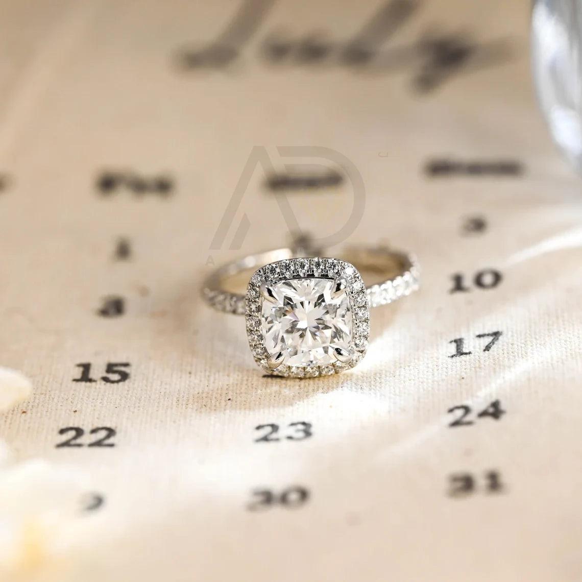 Vintage Crushed Ice Cut Cushion Moissanite Engagement Ring, Prong Pave Moissanite Cushion Wedding Ring, Anniversary Gifts for Women Wife