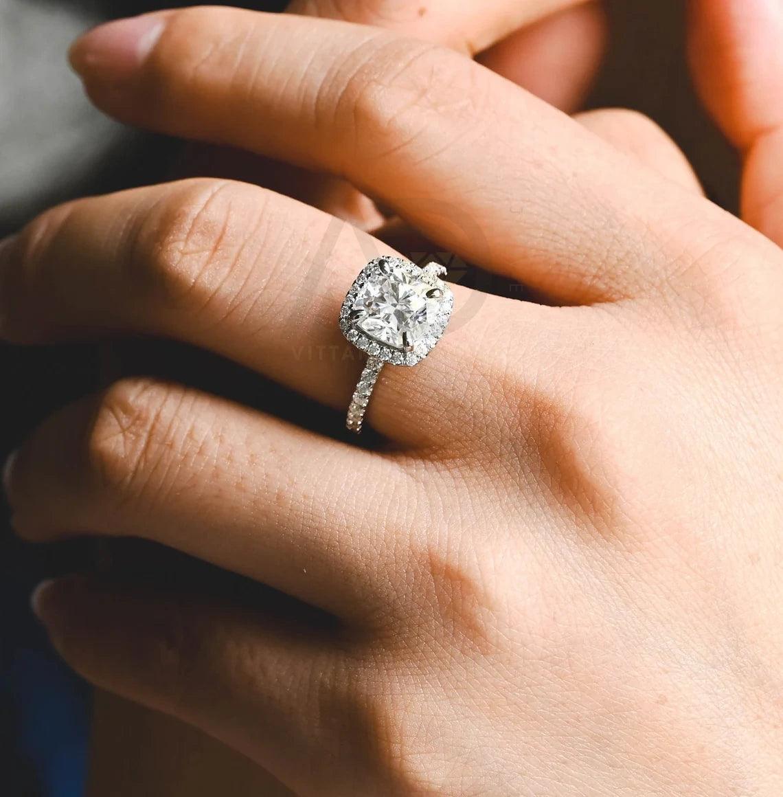 Vintage Crushed Ice Cut Cushion Moissanite Engagement Ring, Prong Pave Moissanite Cushion Wedding Ring, Anniversary Gifts for Women Wife