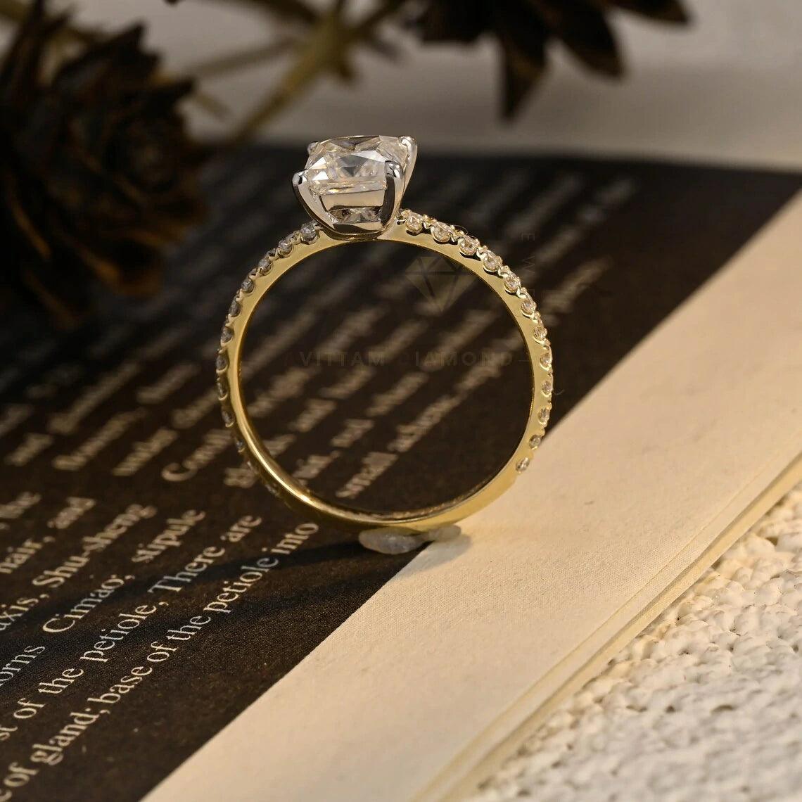 Two Tone Princess Cut Moissanite Engagement Ring, 10K/14K/18K Solid Gold Vintage Style Promise Ring Half Paved Ring for Her, Anniversary Gift