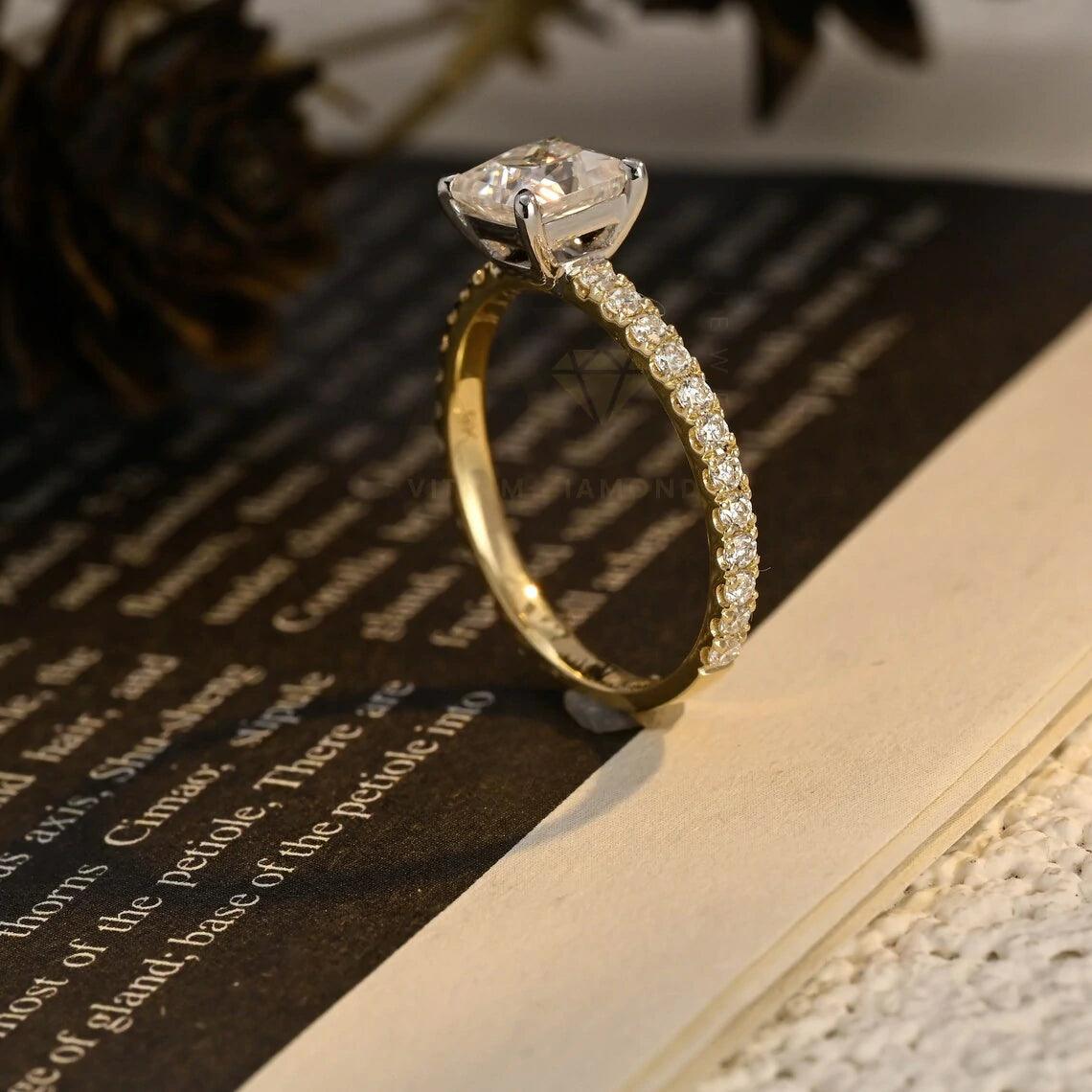 Two Tone Princess Cut Moissanite Engagement Ring, 10K/14K/18K Solid Gold Vintage Style Promise Ring Half Paved Ring for Her, Anniversary Gift