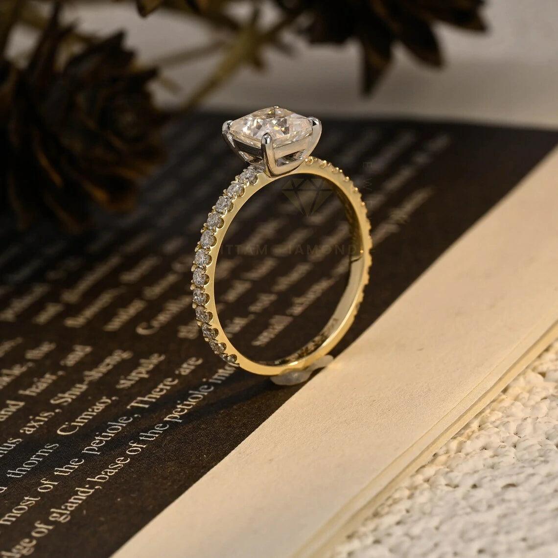Two Tone Princess Cut Moissanite Engagement Ring, 10K/14K/18K Solid Gold Vintage Style Promise Ring Half Paved Ring for Her, Anniversary Gift