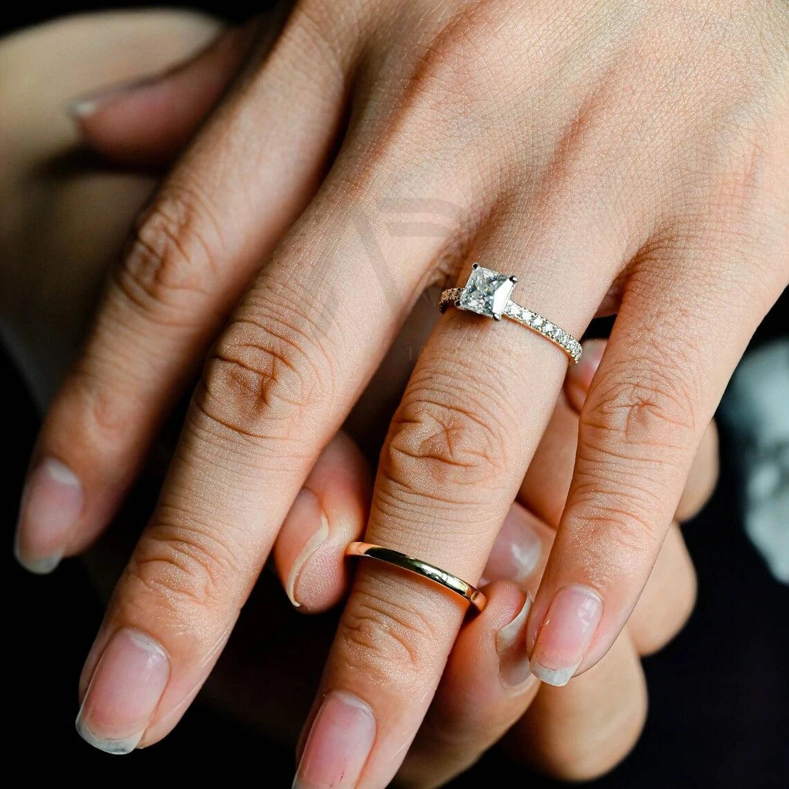 Two Tone Princess Cut Moissanite Engagement Ring, 10K/14K/18K Solid Gold Vintage Style Promise Ring Half Paved Ring for Her, Anniversary Gift