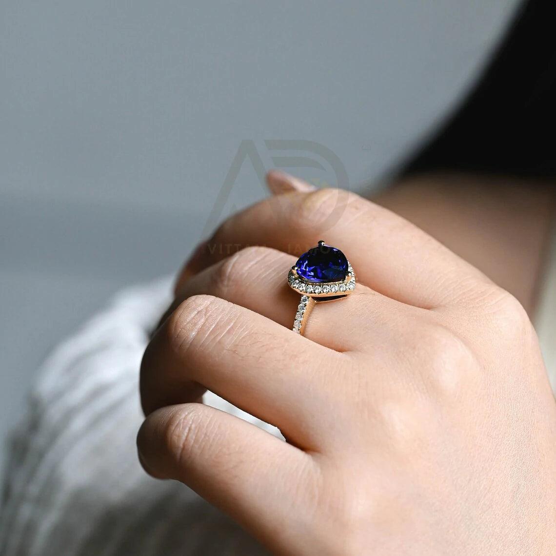 Heart cut moissanite engagement ring, Sapphire paved ring, Halo engagement ring, Solid gold promise ring, Heart shaped sapphire ring, Vintage style promise ring, Heart cut jewelry, Moissanite and sapphire ring, Solid gold vintage ring, Promise ring for her, Vintage-inspired jewelry, Halo setting ring, Heart shaped moissanite, Sapphire jewelry, Anniversary gift for women
