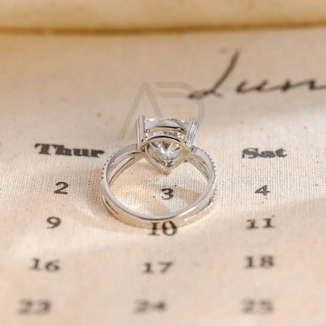Trilliant Cut Paved Moissanite Engagement Ring with Halo, Gold Split Shank Round Trillion Shaped Vintage Style Wedding Ring Anniversary Gift