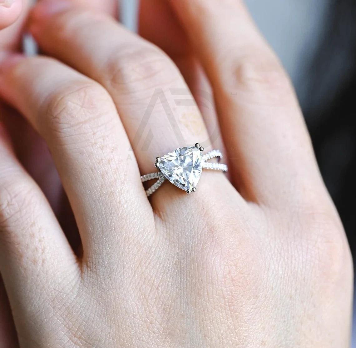 Trilliant Cut Paved Moissanite Engagement Ring with Halo, Gold Split Shank Round Trillion Shaped Vintage Style Wedding Ring Anniversary Gift