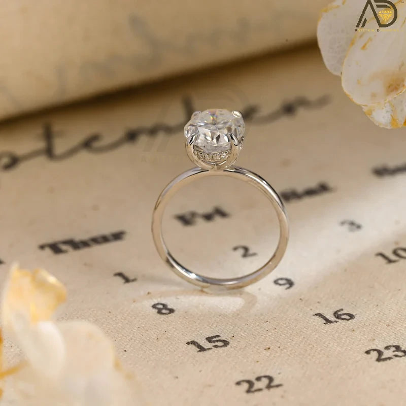 Oval Cut Moissanite Bridal Ring - 14K Solid Gold with Hidden Halo