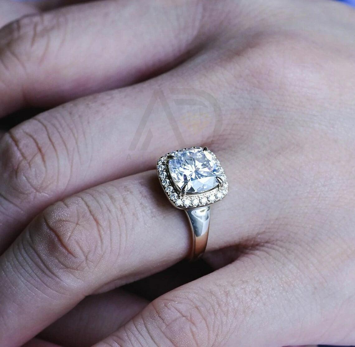 Vintage Cushion Cut Classic Moissanite Engagement Ring. This ring features a stunning 3.5CT cushion cut moissanite diamond. Perfect for weddings or anniversaries. Shop now!