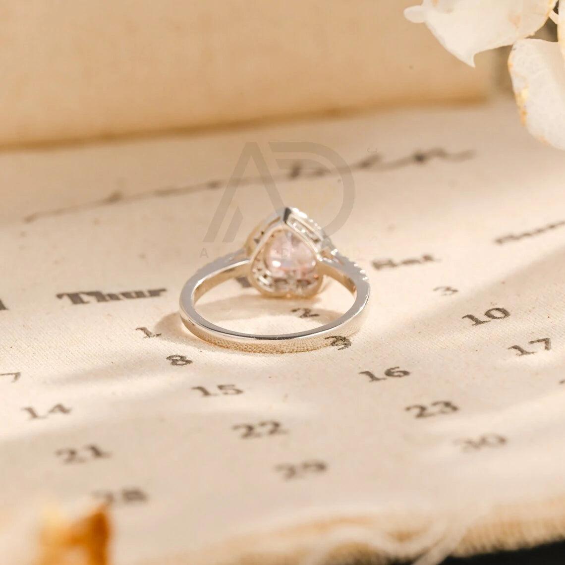 Two Tone CZ Pink Sapphire Engagement Ring, Heart Cut Pink Gemstone Halo Promise Ring, Customizable Pink Anniversary Ring for Her
