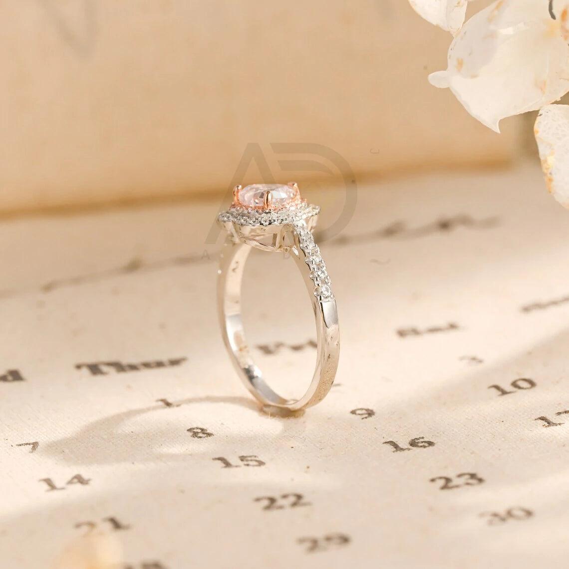 Two Tone CZ Pink Sapphire Engagement Ring, Heart Cut Pink Gemstone Halo Promise Ring, Customizable Pink Anniversary Ring for Her