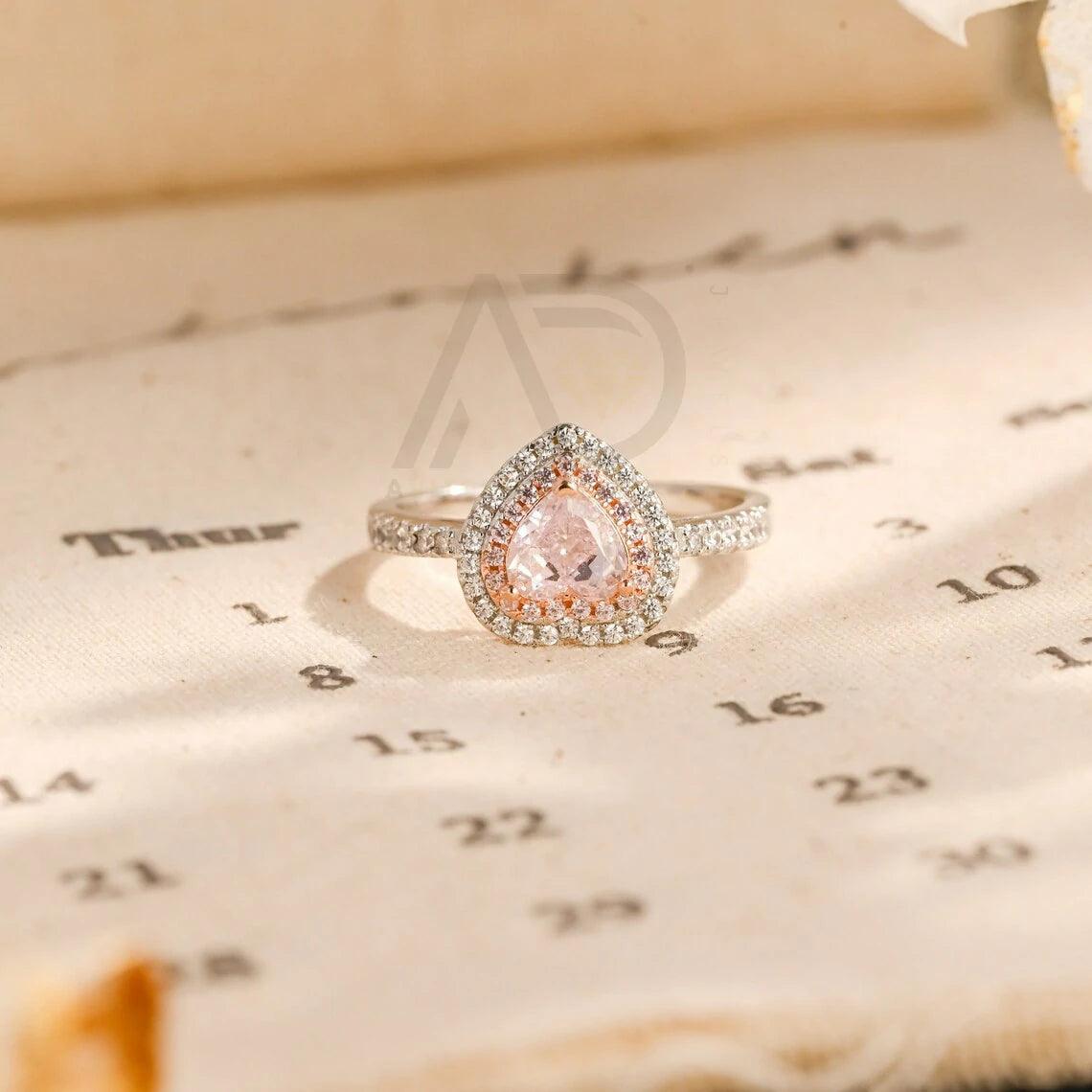 Two Tone CZ Pink Sapphire Engagement Ring, Heart Cut Pink Gemstone Halo Promise Ring, Customizable Pink Anniversary Ring for Her