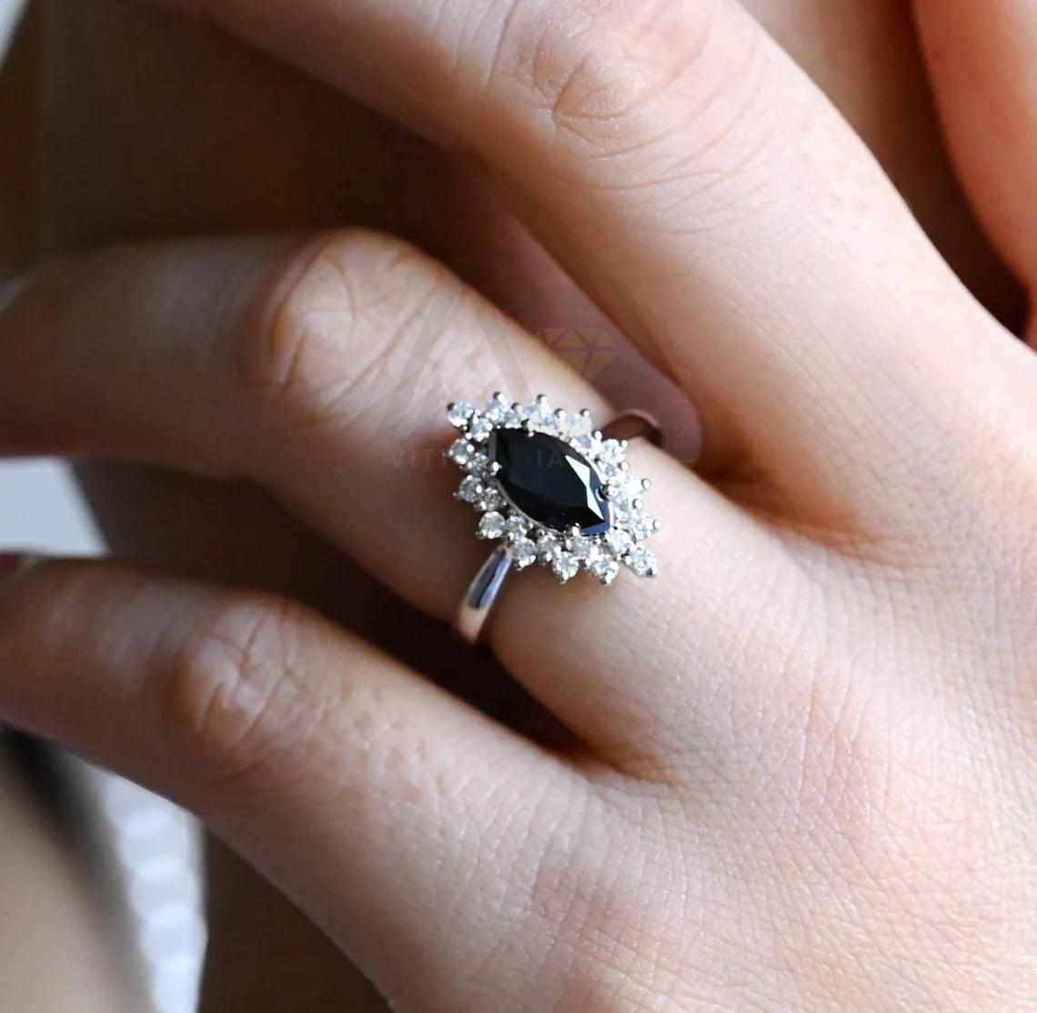 Gothic marquise cut ring, Black moissanite engagement ring, Solid gold floral cluster wedding ring, Unique gift for her, Marquise cut jewelry, Black gemstone ring, Gothic wedding band, Floral cluster ring, Unique bridal jewelry, Solid gold engagement ring, Marquise cut moissanite, Black gemstone jewelry, Gothic bridal ring, Unique wedding gift, Floral cluster engagement ring