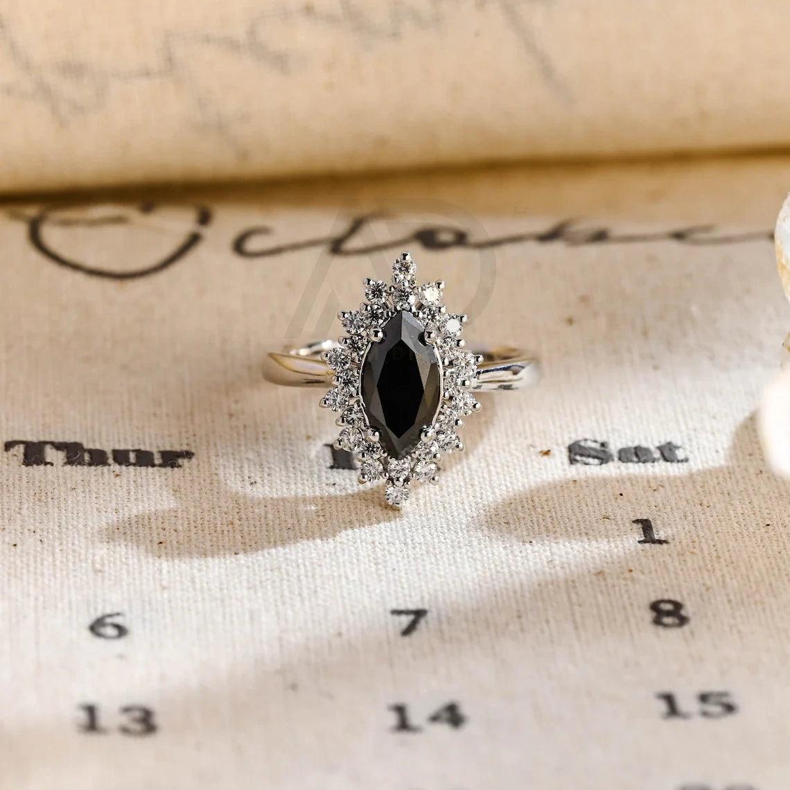 Gothic marquise cut ring, Black moissanite engagement ring, Solid gold floral cluster wedding ring, Unique gift for her, Marquise cut jewelry, Black gemstone ring, Gothic wedding band, Floral cluster ring, Unique bridal jewelry, Solid gold engagement ring, Marquise cut moissanite, Black gemstone jewelry, Gothic bridal ring, Unique wedding gift, Floral cluster engagement ring