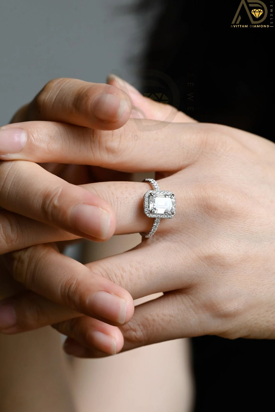 Modern Moissanite Engagement Band | Chic Solid Gold Jewelry | Hidden Halo Moissanite Ring