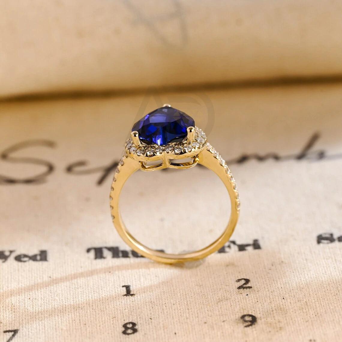 Heart cut moissanite engagement ring, Sapphire paved ring, Halo engagement ring, Solid gold promise ring, Heart shaped sapphire ring, Vintage style promise ring, Heart cut jewelry, Moissanite and sapphire ring, Solid gold vintage ring, Promise ring for her, Vintage-inspired jewelry, Halo setting ring, Heart shaped moissanite, Sapphire jewelry, Anniversary gift for women