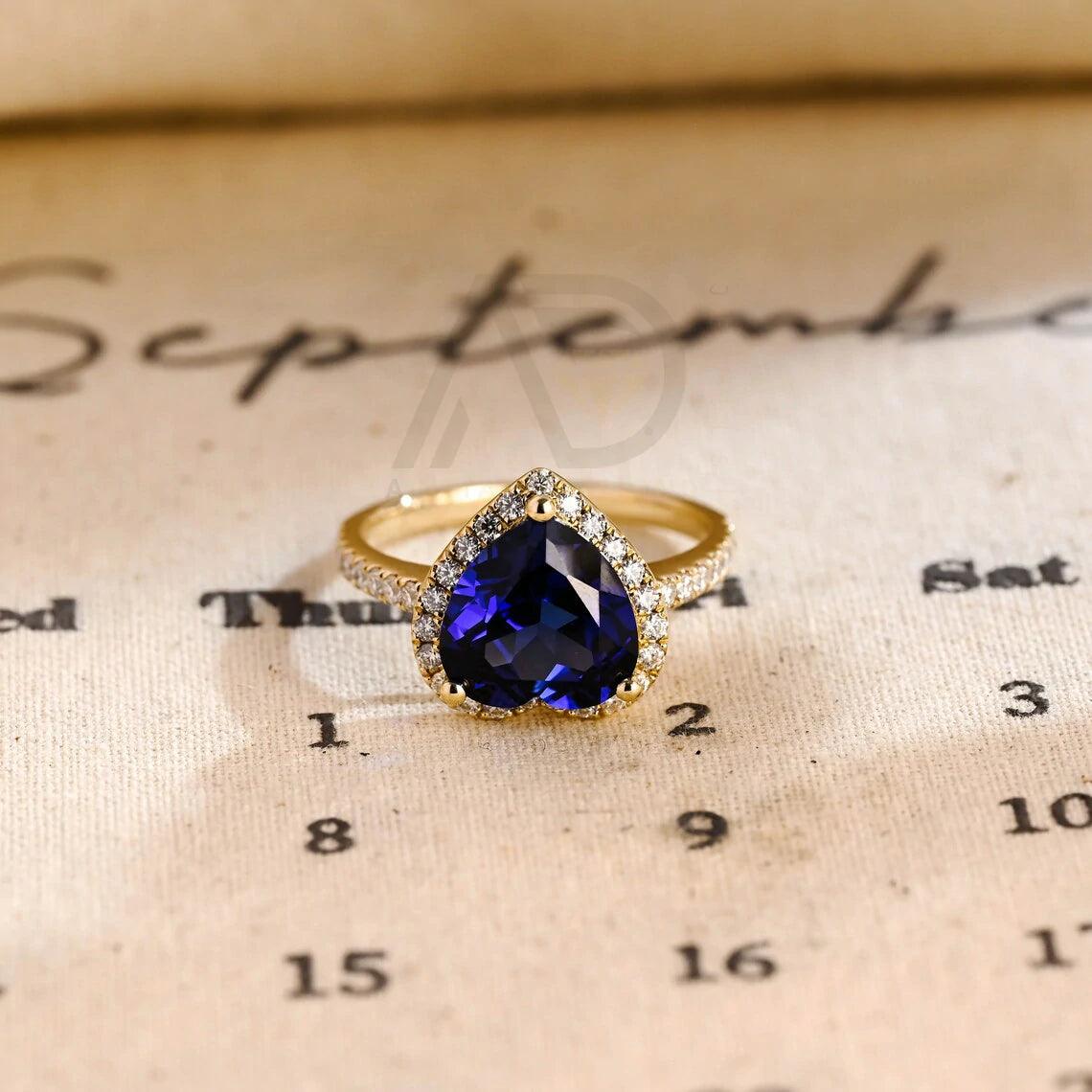 Heart cut moissanite engagement ring, Sapphire paved ring, Halo engagement ring, Solid gold promise ring, Heart shaped sapphire ring, Vintage style promise ring, Heart cut jewelry, Moissanite and sapphire ring, Solid gold vintage ring, Promise ring for her, Vintage-inspired jewelry, Halo setting ring, Heart shaped moissanite, Sapphire jewelry, Anniversary gift for women