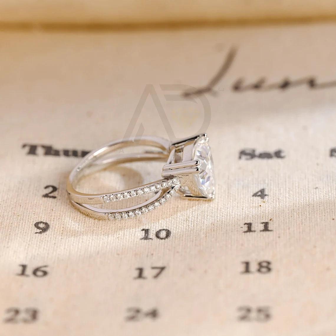 Trilliant Cut Paved Moissanite Engagement Ring with Halo, Gold Split Shank Round Trillion Shaped Vintage Style Wedding Ring Anniversary Gift