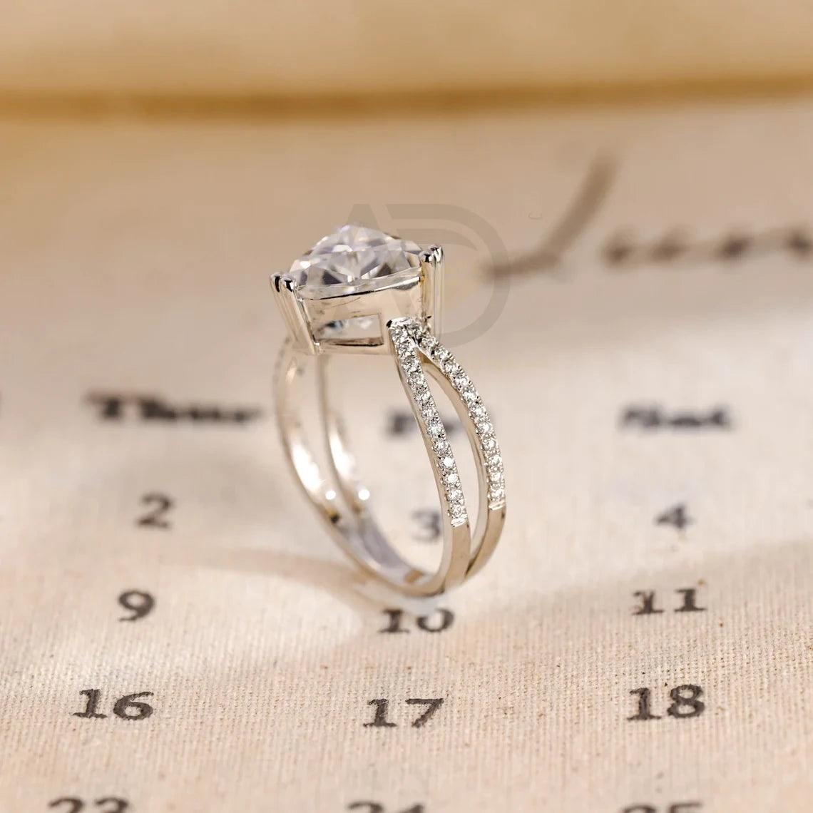Trilliant Cut Paved Moissanite Engagement Ring with Halo, Gold Split Shank Round Trillion Shaped Vintage Style Wedding Ring Anniversary Gift
