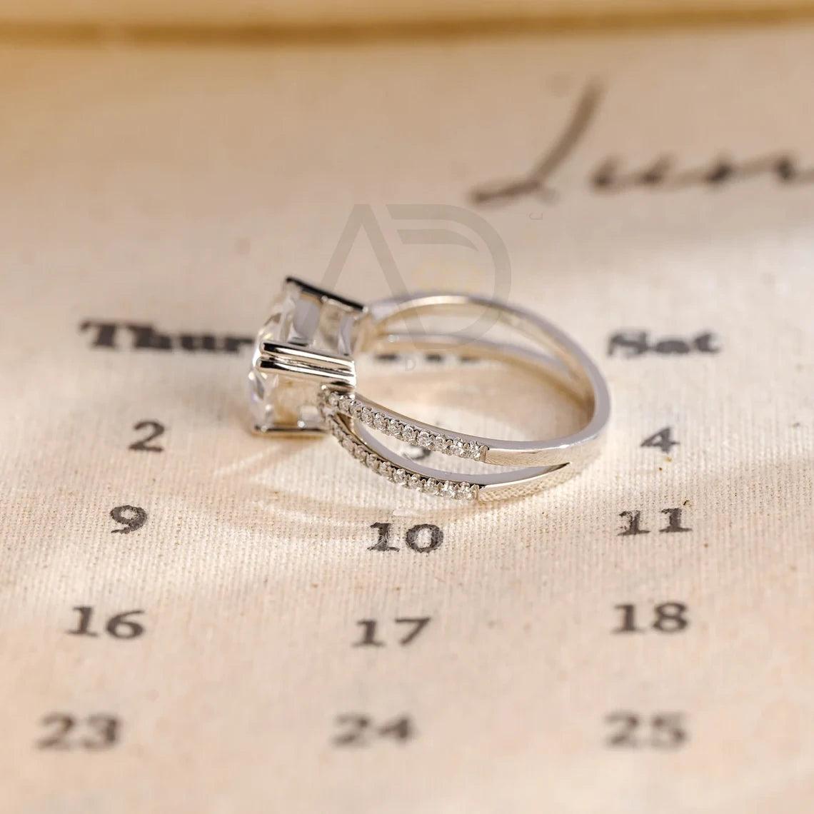 Trilliant Cut Paved Moissanite Engagement Ring with Halo, Gold Split Shank Round Trillion Shaped Vintage Style Wedding Ring Anniversary Gift