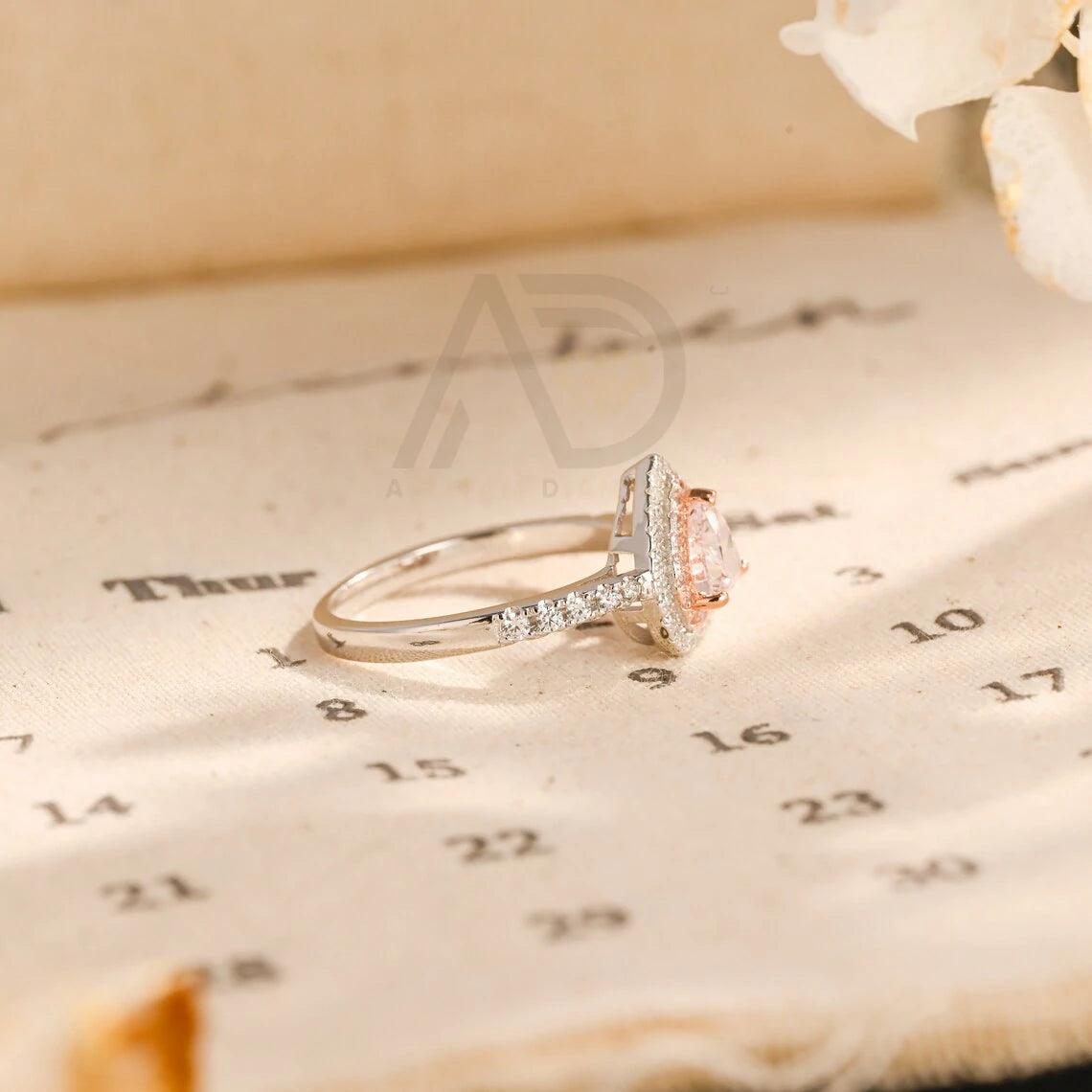 Two Tone CZ Pink Sapphire Engagement Ring, Heart Cut Pink Gemstone Halo Promise Ring, Customizable Pink Anniversary Ring for Her