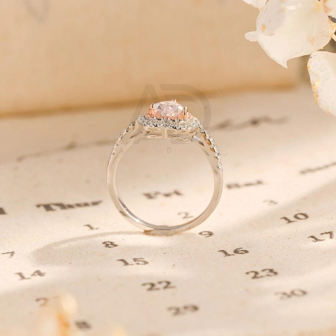 Two Tone CZ Pink Sapphire Engagement Ring, Heart Cut Pink Gemstone Halo Promise Ring, Customizable Pink Anniversary Ring for Her