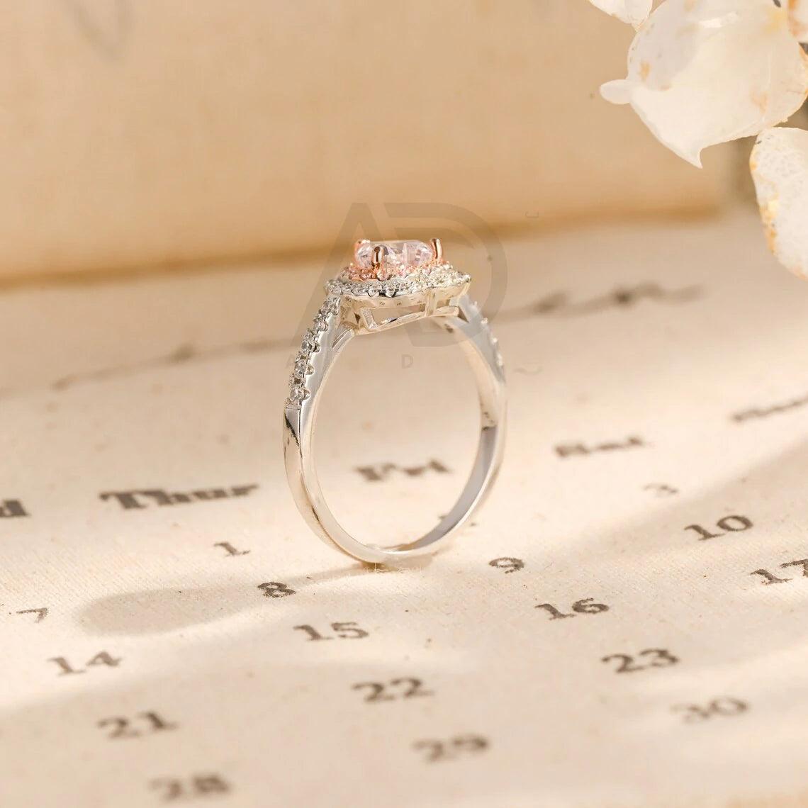 Two Tone CZ Pink Sapphire Engagement Ring, Heart Cut Pink Gemstone Halo Promise Ring, Customizable Pink Anniversary Ring for Her