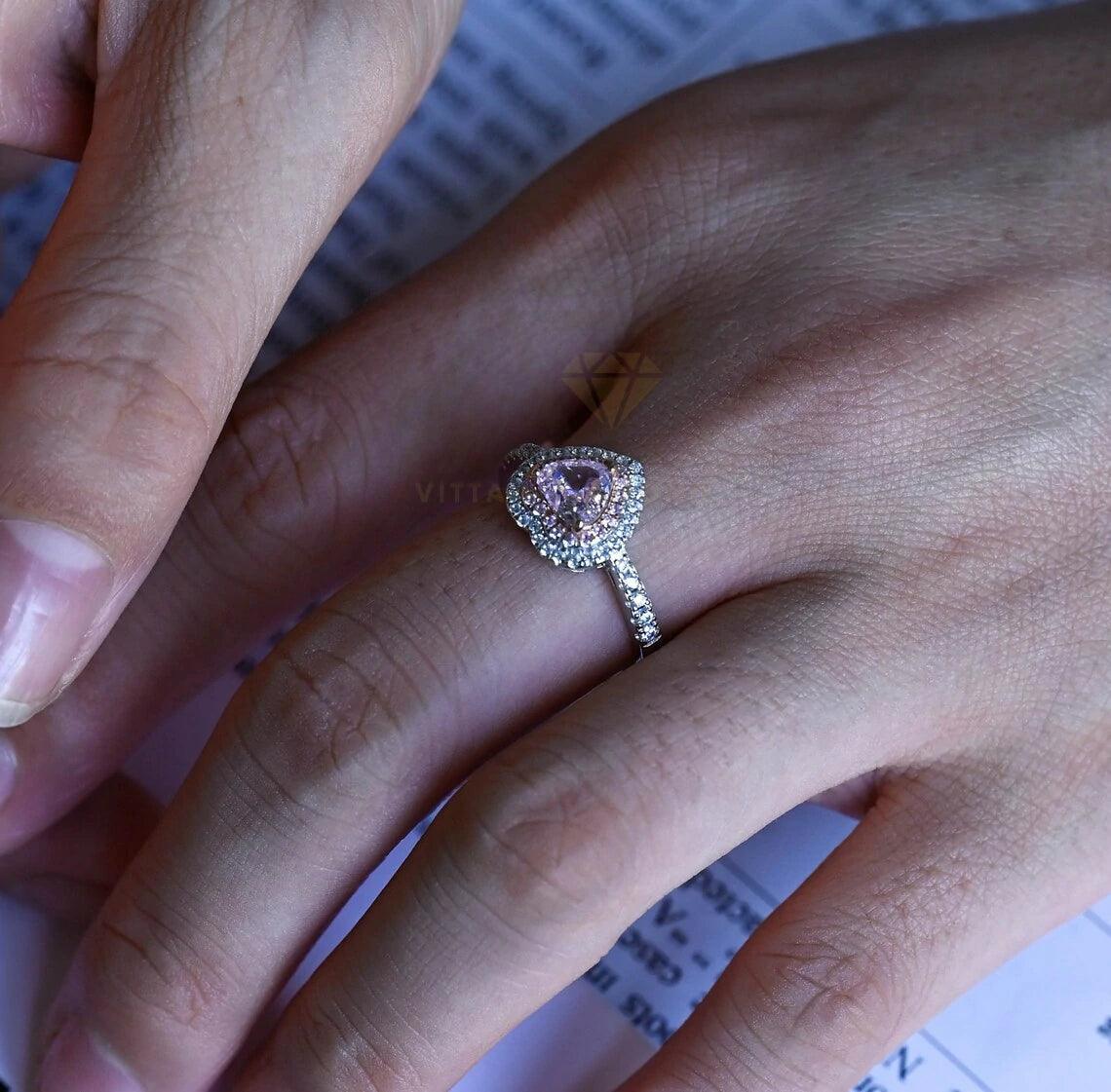 Two Tone CZ Pink Sapphire Engagement Ring, Heart Cut Pink Gemstone Halo Promise Ring, Customizable Pink Anniversary Ring for Her