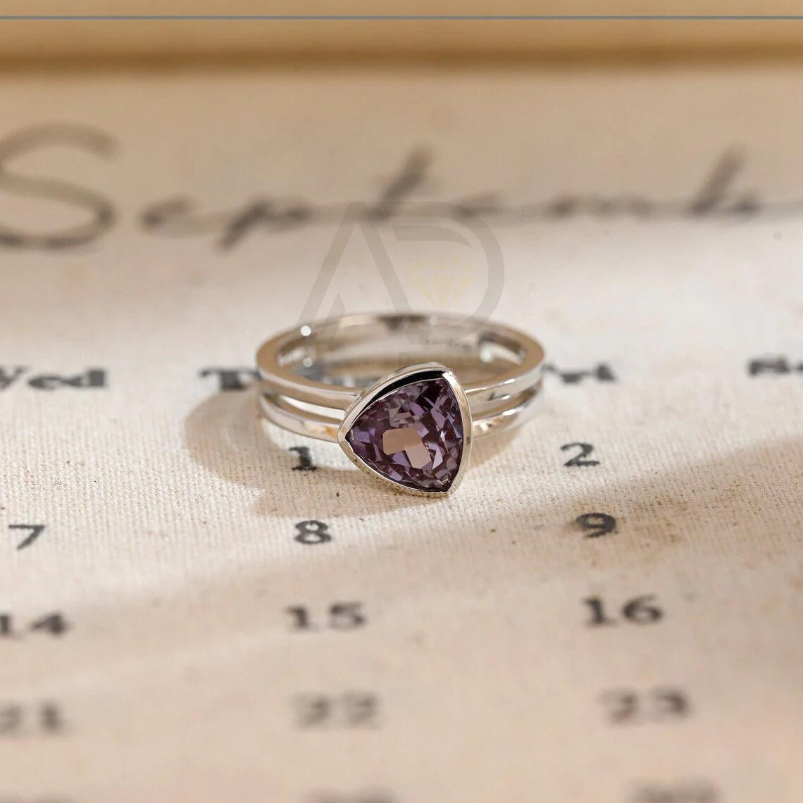Split shank trilliant cut solitaire alexandrite engagement ring, Split shank real solid gold alexandrite statement ring, Best ring for women, Trilliant cut alexandrite ring, Solitaire alexandrite ring, Split shank engagement ring, Solid gold statement ring.