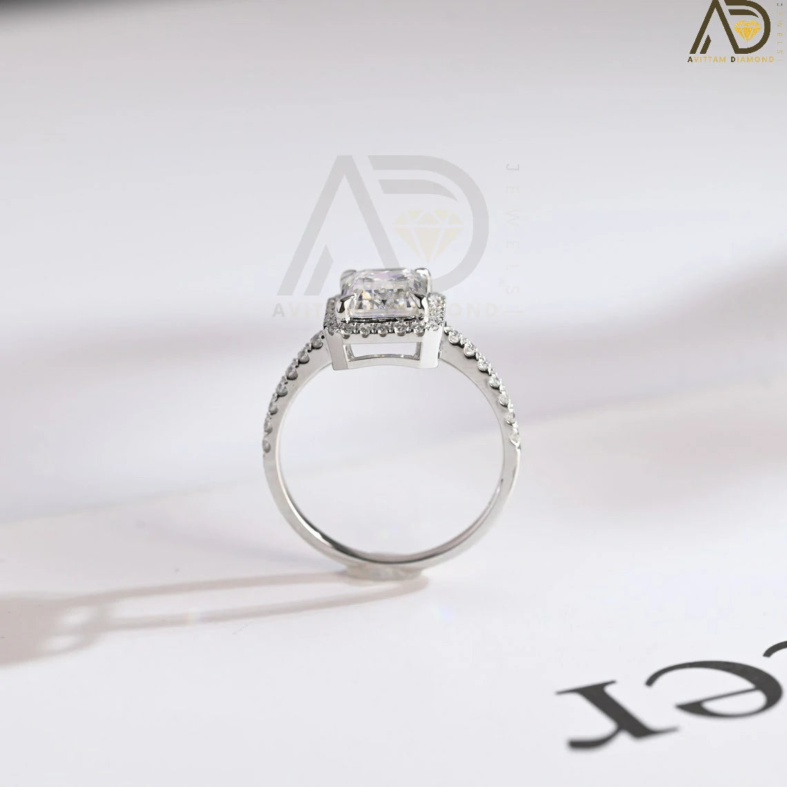 Stylish Half Pave Engagement Ring | Elegant Moissanite Halo Ring | Emerald Cut Wedding Gift