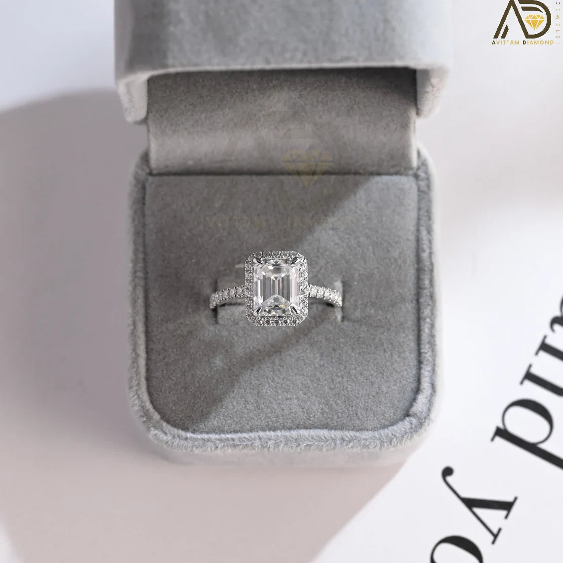 Emerald Cut Moissanite Ring | Solid Gold Moissanite Ring | Half Pave Engagement Ring