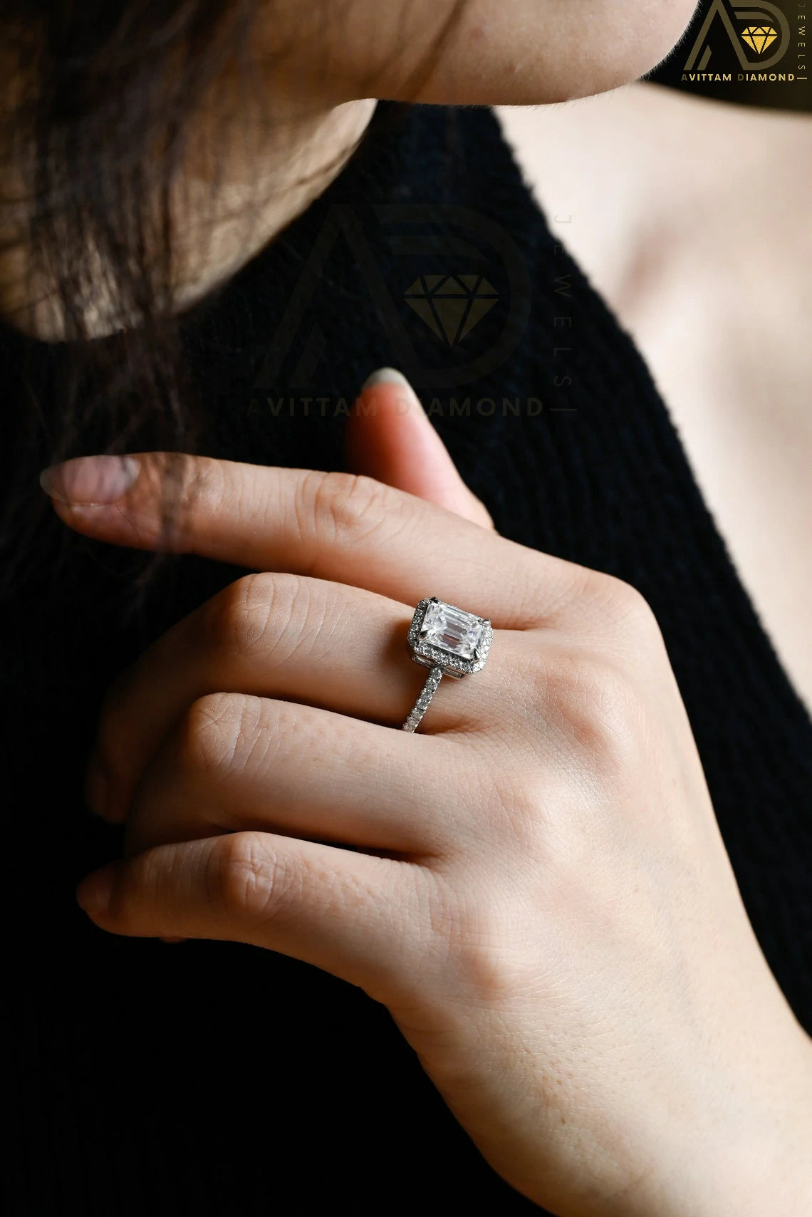 Half Pave Bridal Ring for Her | Solid Gold Proposal Ring | Beautiful Emerald Cut Jewelry