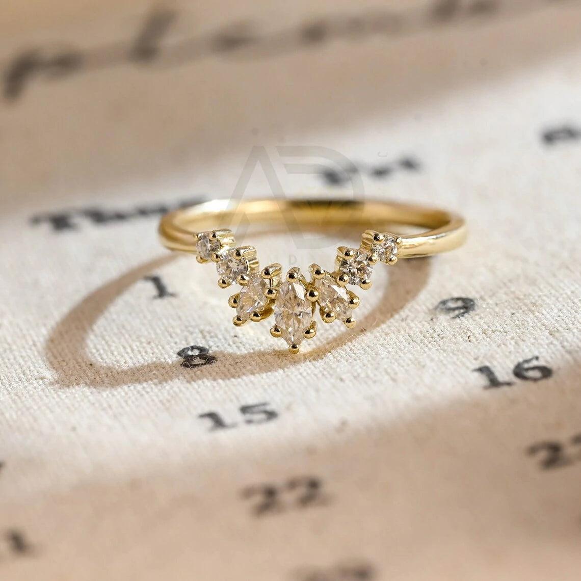 Marquise cut moissanite curved wedding band, Solid gold curved bridal stacking band, Matching marquise cut moissanite band, Wedding band for her, Bridal jewelry, Curved wedding ring, Moissanite stacking band, Marquise cut jewelry, Solid gold bridal band, Curved wedding band, Stacking ring set, Bridal stacking band, Anniversary gift for her, Women's wedding band, Gold marquise band