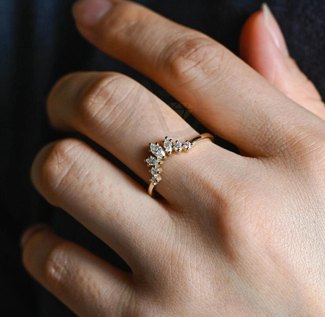 Marquise cut moissanite curved wedding band, Solid gold curved bridal stacking band, Matching marquise cut moissanite band, Wedding band for her, Bridal jewelry, Curved wedding ring, Moissanite stacking band, Marquise cut jewelry, Solid gold bridal band, Curved wedding band, Stacking ring set, Bridal stacking band, Anniversary gift for her, Women's wedding band, Gold marquise band