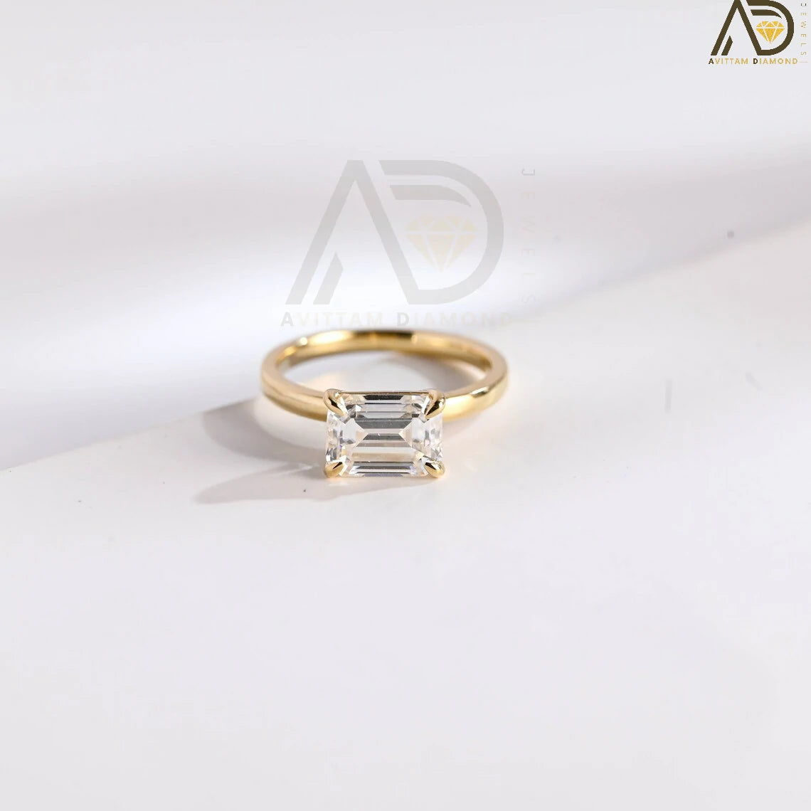 14K Gold Moissanite Ring | East-West Emerald Cut Ring | Moissanite Engagement Band