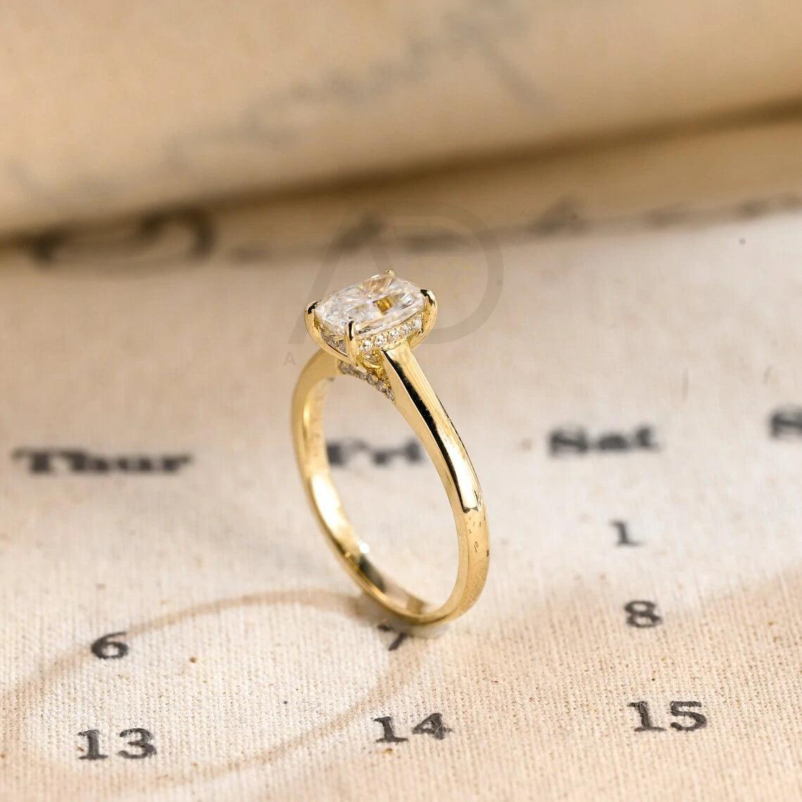 Elongated Crushed Ice Cut Cushion Moissanite Engagement Ring, Solid Gold Hidden-Halo Cushion Cut Moissanite Wedding Ring, Anniversary Gift, Elongated Cushion Moissanite Ring, Crushed Ice Moissanite Ring, Solid Gold Wedding Band, Hidden-Halo Moissanite Ring, Anniversary Ring, Engagement Ring, Cushion Cut Moissanite Ring, Wedding Ring, Cushion Moissanite Ring, Gold Anniversary Band, Hidden-Halo Engagement Ring, Anniversary Jewelry