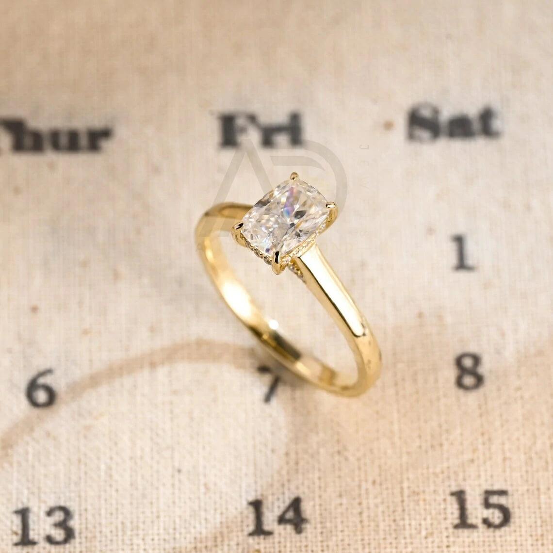 Elongated Crushed Ice Cut Cushion Moissanite Engagement Ring, Solid Gold Hidden-Halo Cushion Cut Moissanite Wedding Ring, Anniversary Gift, Elongated Cushion Moissanite Ring, Crushed Ice Moissanite Ring, Solid Gold Wedding Band, Hidden-Halo Moissanite Ring, Anniversary Ring, Engagement Ring, Cushion Cut Moissanite Ring, Wedding Ring, Cushion Moissanite Ring, Gold Anniversary Band, Hidden-Halo Engagement Ring, Anniversary Jewelry