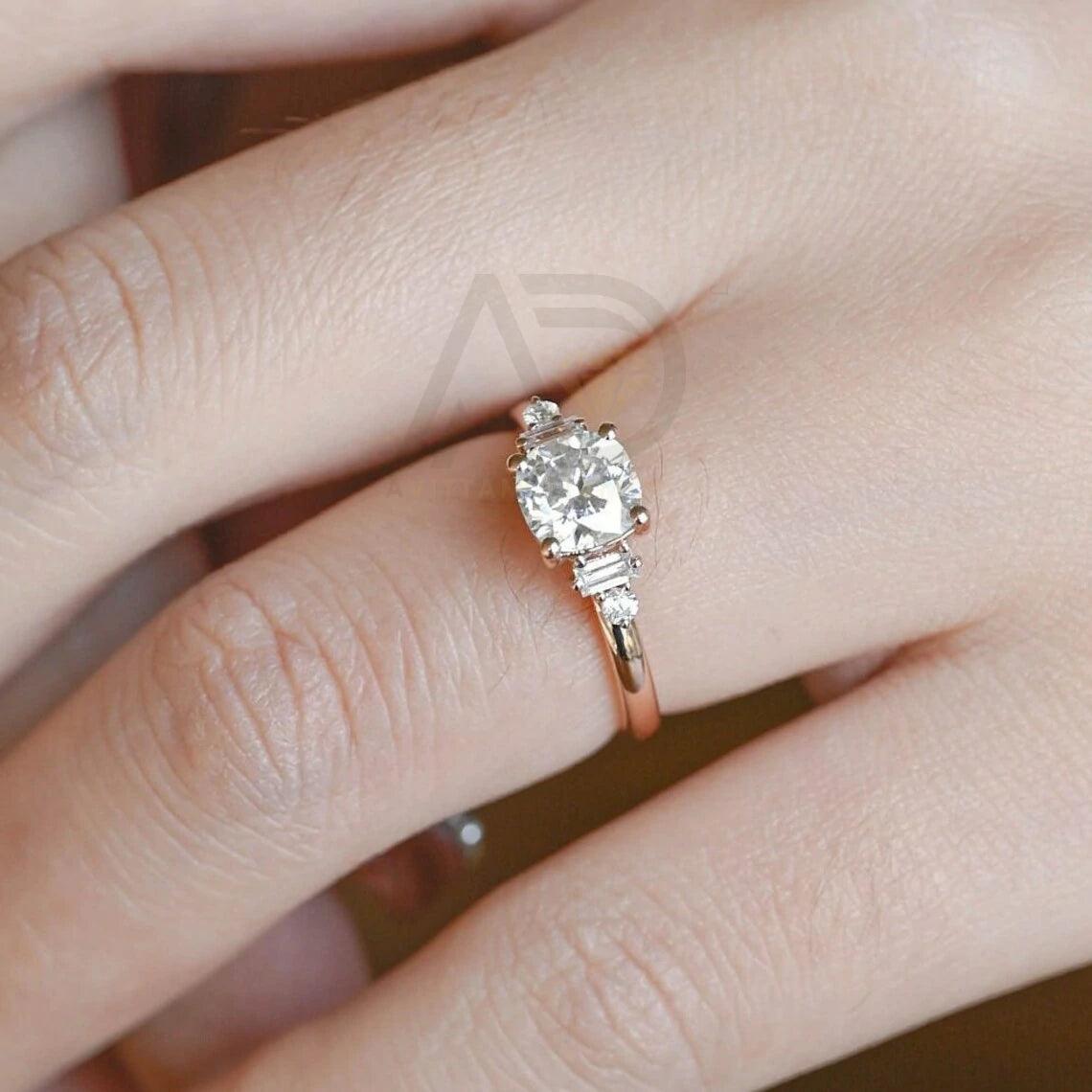 Three Stone Cushion Cut Moissanite Engagement Ring, 10K/14K/18K Solid Gold Promise Ring, Customizable Engagement Ring, Anniversary Ring Gift