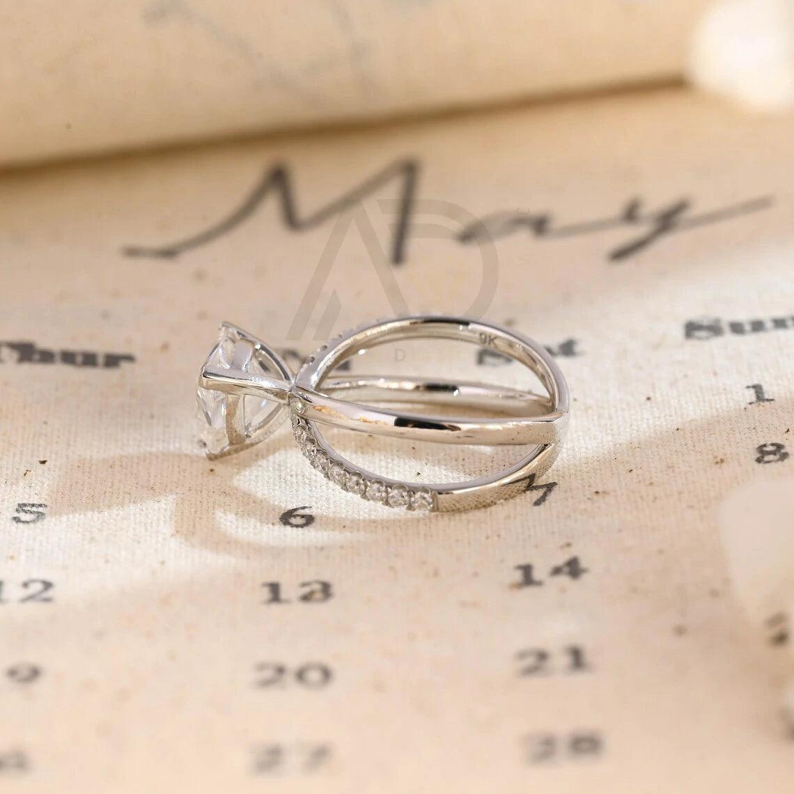 Split shank trilliant cut half pave moissanite engagement ring, Solid gold cross band trillion cut moissanite wedding ring, Anniversary gift, Trilliant cut moissanite ring, Half pave moissanite ring, Solid gold wedding band.