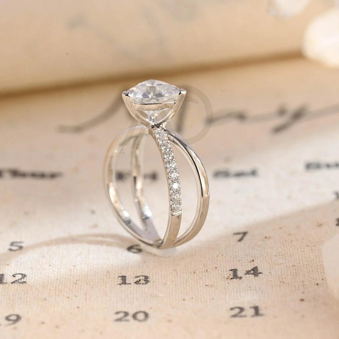 Split shank trilliant cut half pave moissanite engagement ring, Solid gold cross band trillion cut moissanite wedding ring, Anniversary gift, Trilliant cut moissanite ring, Half pave moissanite ring, Solid gold wedding band.